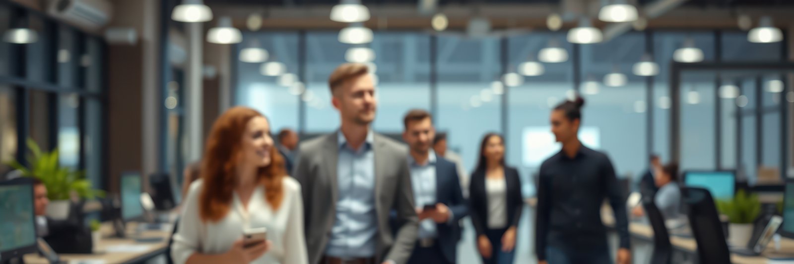 A group of business professionals walk through a modern office space during the day
